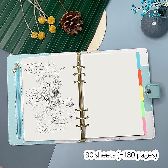 Harphia A5 6 Holes Binder Refill Value Set, 90sheets plain blank loose leaf paper with stickers and dividers, planner inserts with binder pockets for A5 notebook