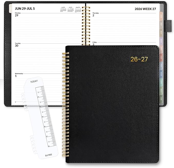 SUNEE 2026-2027 Weekly & Monthly Planner 9"x11.2" - 12 Month (July 2026 - June 2027), Vegan Leather Cover Planner Academic Year Calendar, Pocket, Notes, Monthly Tab, Black