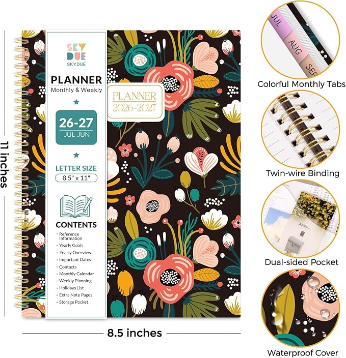 SKYDUE 2026-2027 Monthly and Weekly Academic Planner, July 2026-June 2027, 8.5"x11", Agenda Calendar with Colorful Tabs and Storage Pocket, Ideal for School Office Supplies
