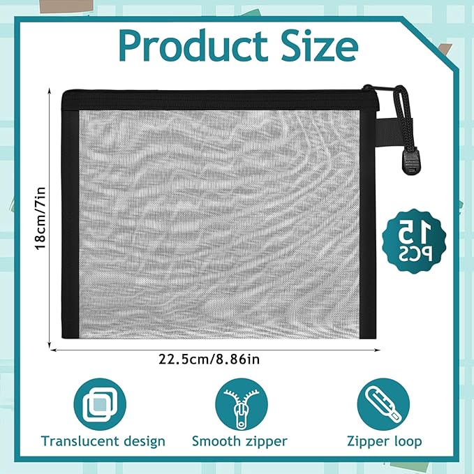 15 Pcs Mesh Zipper Pouch Bags,Black Makeup Bags,Zipper Nylon Mesh Pouch,Nylon Mesh Cosmetic Bags,Portable Makeup Pouches Organizing for Travel and Office Supplies(Black, 8.8x 7 Inch)