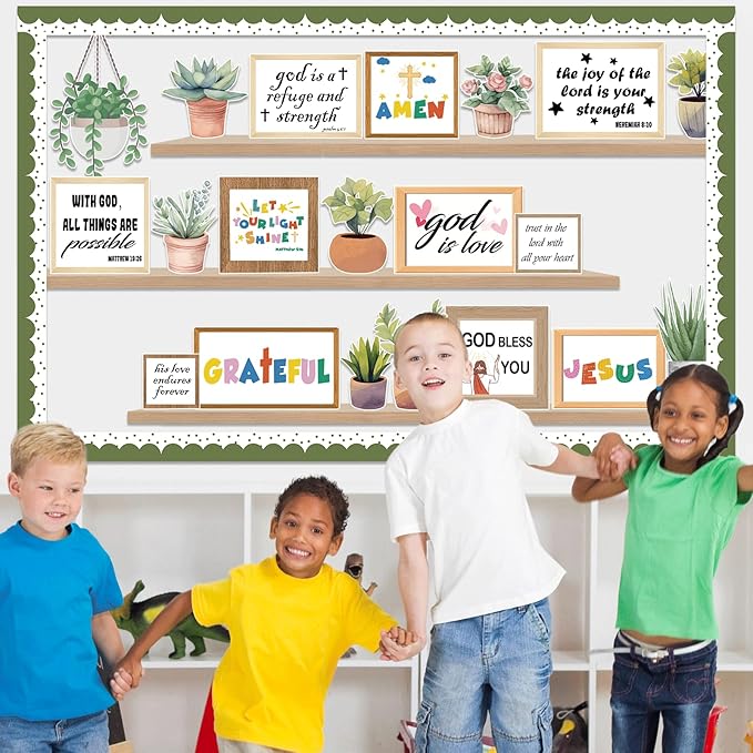 Christian Plant Inspirational Bulletin Board Set Summer Jesus Bible Verse Bulletin Board Sunday Back to School Potted Motivational Cutouts Greenery Religious for Classroom Chalkboard Wall Door Decor