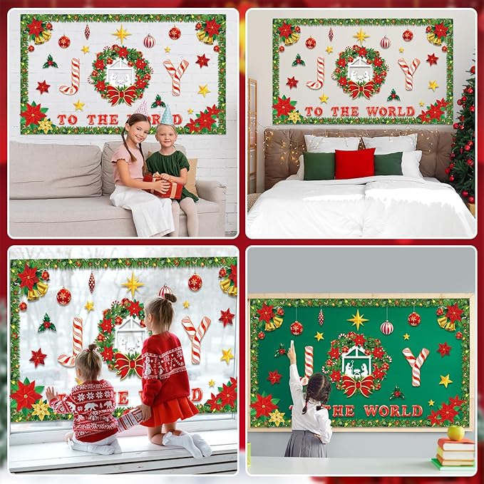 Christmas Nativity Bulletin Board Decorations Religious Joy to The World Classroom Decoration Christian Xmas Wreath Cutouts for Winter Holiday Home Office Church Sunday School Chalkboard Wall Supplies