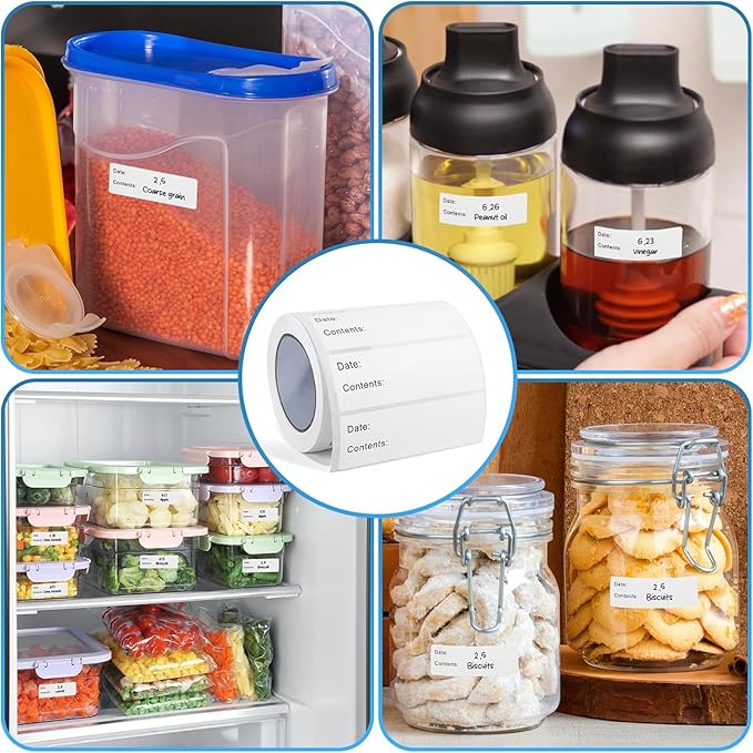BLISKO 1000 Pcs Freezer Labels, 2 Rolls, 1x3 Inch Food Labels Stickers with Pre-Printed Date & Contents, Food Storage Labels, Waterproof, No Residue for Meal Prep, Food Containers, Jars, Bags