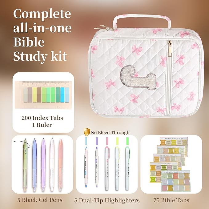 Personalized Initial Bible Cover Case for Women – Large Quilted Bible Bag with Handle, Chenille Letter, Bible Study Kit, Christian Gift for Mom, Grandma & Daughter (Pink Bow-J)