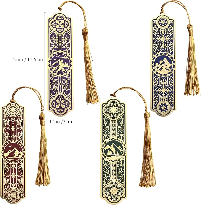 4 Pieces Metal Bookmarks with Tassel Big Size, Golden Vintage Aesthetics Scenery Mountain Theme Book Mark, Bookmark for Women Book Lovers Gift Writers Readers Teens Men
