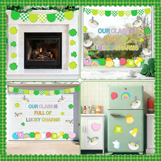 Whaline 87 Pcs St. Patrick's Day Bulletin Board Decoration Lucky Charm Funny Cartoon Shamrock Clover Paper Cutouts with 200 Pcs Glue Points for Irish Party Classroom Wall Decor