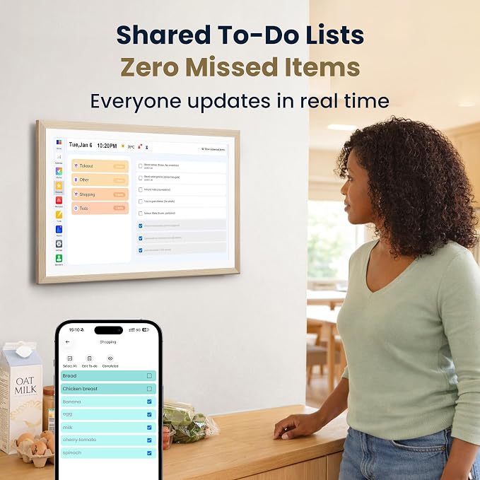 21.5-Inch Smart Digital Calendar & Photo Frame for Family, Wood Frame Large Wall Planner with Auto-Sync to Apple, Google & Outlook, Touchscreen Display with Chore Chart, To-Do Lists & Meal Planner, No Subscription