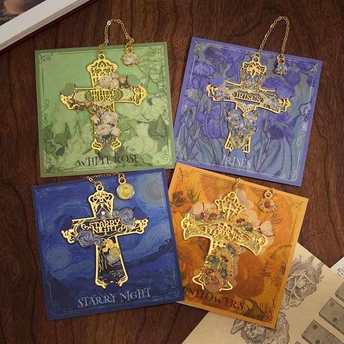 4PCS Cross Metal Bookmarks, Vintage Van Gogh Bookmark, Christian Gift, Book Lover Gifts for Teacher Writers Readers Adults