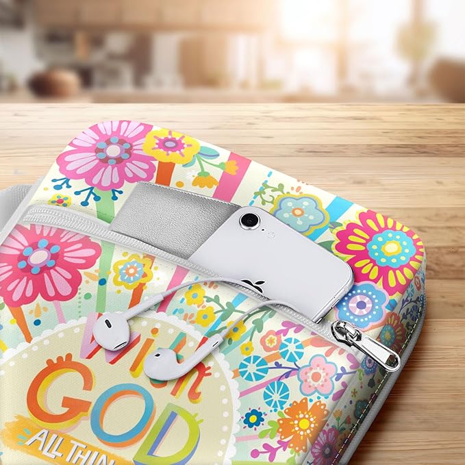 Colorful Floral Bible Cover for Girls and Women, Scripture Verse Case with Handle and Front Pocket, Canvas Bible Bag for Standard Size, Inspirational Church for Bible Study Gift