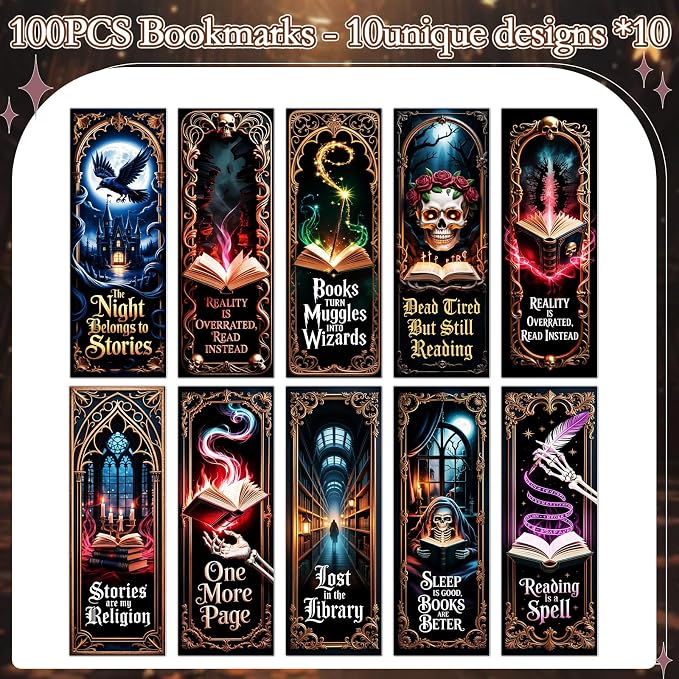 Wxiben Dark Romance Bookmarks Gifts - 100 Pcs Gothic Fantasy Paper Bookmarks Double Sided Tarot Card Skull Book Markers Page Clip Gift for Women Men Teachers Office Book Lovers Bookish Supplies