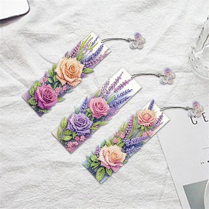 3pcs Flower Diamond Art Bookmarks, Rose Diamond Painting Bookmark Kits for Adult,DIY Gem Art Small Crafts with Rhinestone Tassel,Paint by Diamonds for Graduation Birthday Reader Gifts (flower-021)