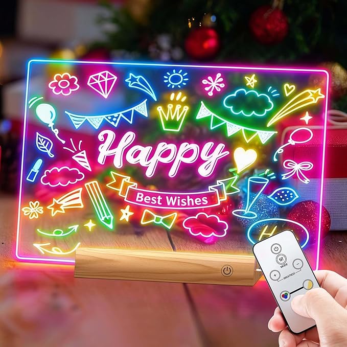Rechargeable 11.8”×7.9” Glow Doodle LED Note Board with Colors,2 Modes&7 Colors with Remote Control,LED Drawing Board for Office/Café/Home Decor&Message,Birthday/Holiday Gifts,Wood Grain