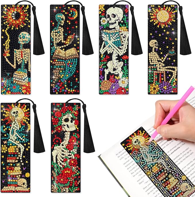 6 PCS Diamond Art Kits Bookmarks Diamond Painting Kit Book Mark, Handmade DIY Skeleton Diamond Art Skull Gem Art Acrylic Tassel Bookmarks for Women Adults, Craft Kits Gift Set for Book Lovers