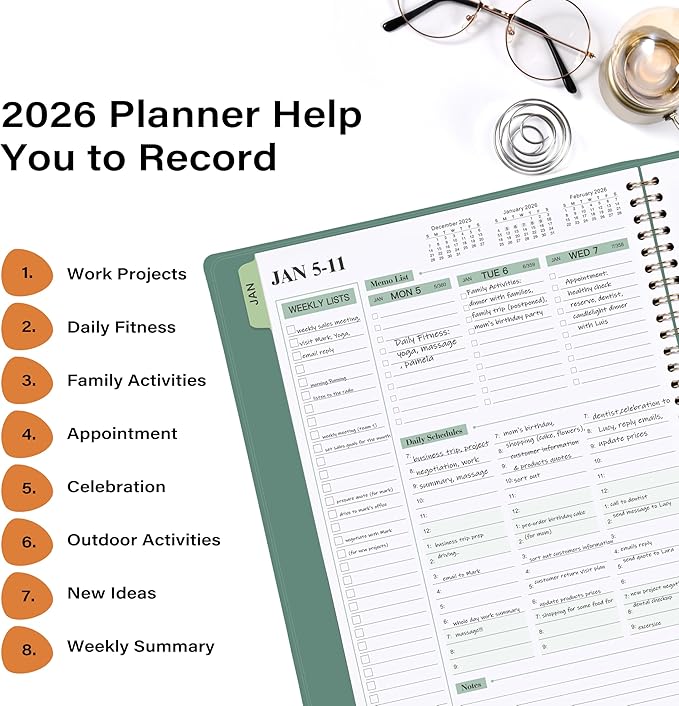 2026 Planner - 11.38'' x 8.74'', Weekly & Monthly Planner Notepad, Jan. 2026 - Dec. 2026, Appointment Book, 60 Minutes Interval, Monthly Tabs, Faux Soft Leather, Spiral Bound - Green