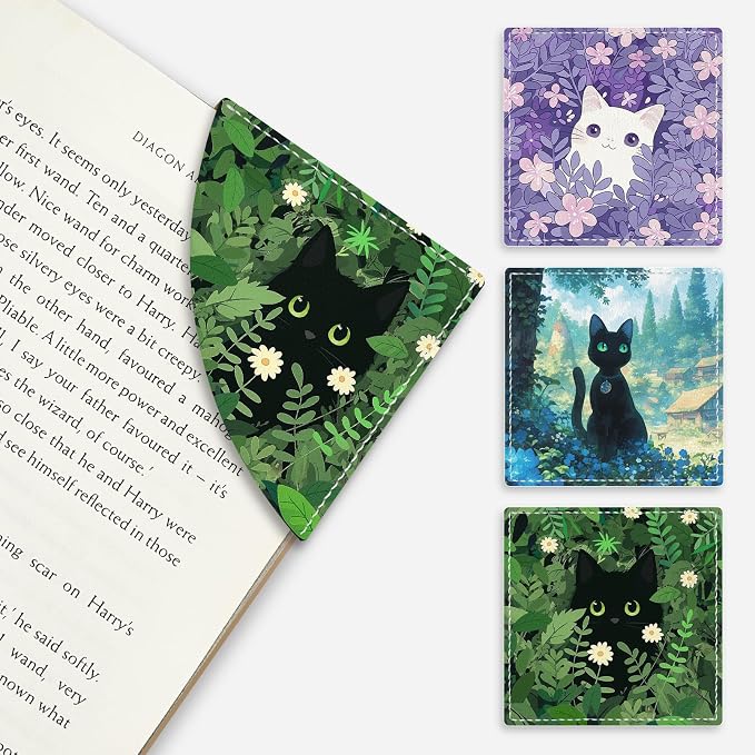 Icycay Black Cat Corner Bookmarks, Cute Leather Book Accessories for Book Lovers, 3 Pcs Reading Book Page Markers for Women Men Student Teacher Girls Boys Kids Retirement Birthday Gifts (Garden)