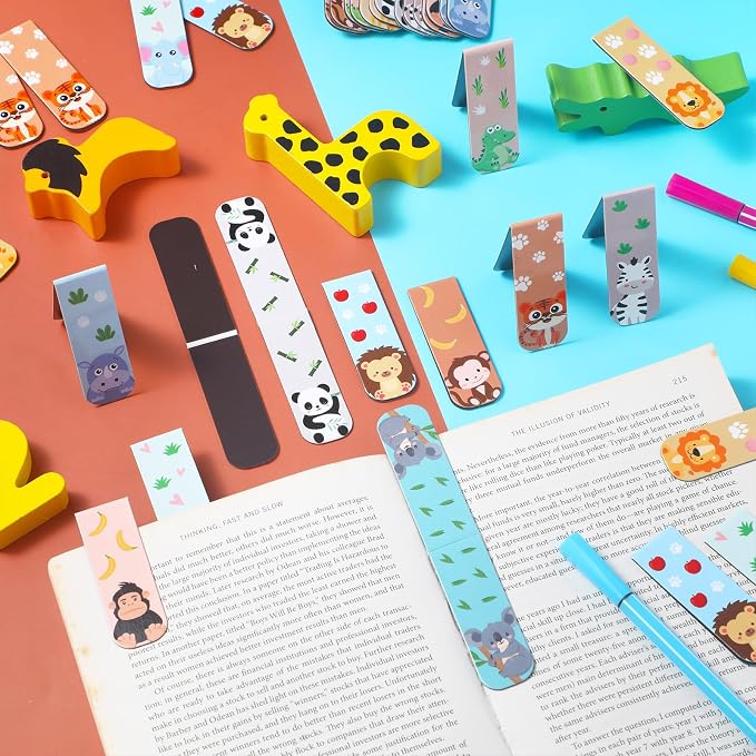Nezyo 48 Pcs Magnetic Bookmarks Cute Dogs Cats Magnet Page Markers Puppy Magnetic Page Clips Bookmarks Pet Magnet Book Markers for Reading Party Supplies(Safari Animal)