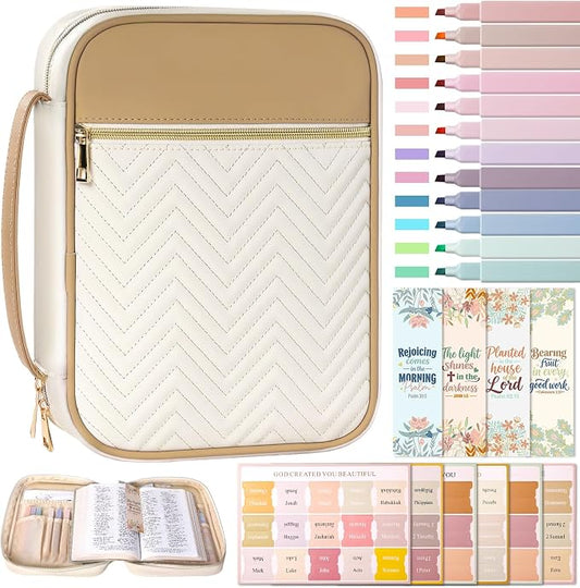 XKDOUS Quilted Leather Bible Cover Case for Women, Zippered Bible Carrying Bag with Study Supplies and Accessories, Waterproof Bible Organizer Holder for Church and Daily Use (White & Brown)