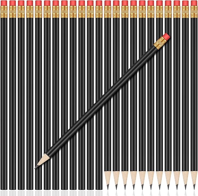 Outus 24 Pieces Round Pencils HB Graphite Pencils Wood Pencils with Eraser Cute Pencil Pack for School Drawing Sketching Wedding Office Supplies(Black)