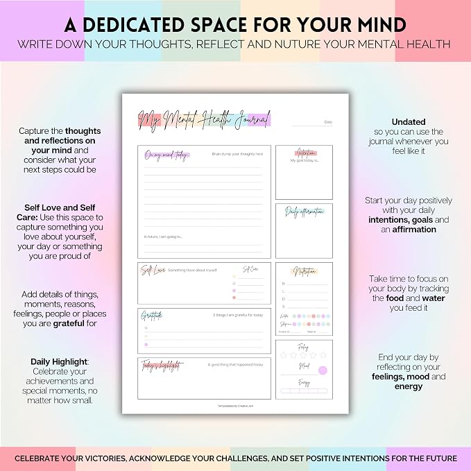 Mental Health Journal Planner | Daily Gratitude, Self Care, Intentions, Affirmations and Nutrition (Rainbow, A5)