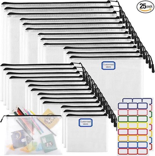 25pcs Multisize Mesh Zipper Pouch Bags, Waterproof Zipper Bag, 8 Sizes Waterproof Plastic Document Pouch, Bags for Travel Storage, Office Supply and Home Organize