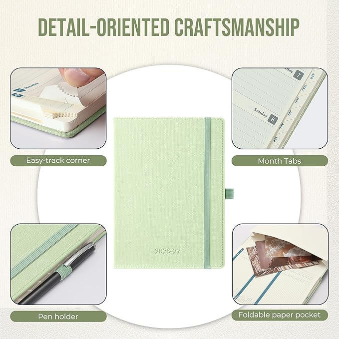 Planner 2026-2027 Weekly & Monthly Planner, 18 Month Academic Calendar July 2026 – Dec 2027, Horizontal Layout with Monthly Tabs, Textured Fabric Hardcover, Green
