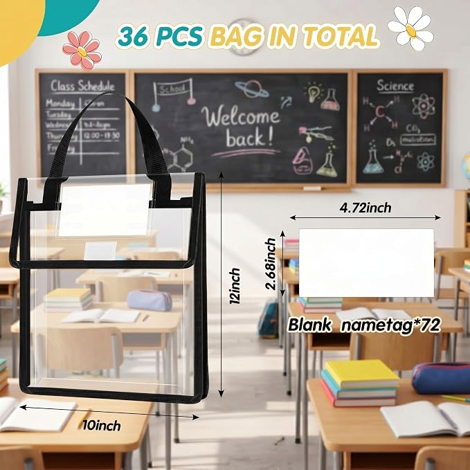 Teling 36 Pack 10 x 12 Inch Clear Book Pouches with Handles and Name Tags, Heavy Duty Reusable Library Book Bags for Classroom, Students Kids and Teacher Supplies (Black)