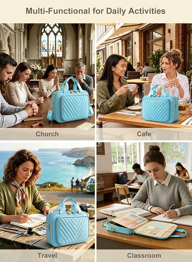 Large Bible Bag with Study Supplies, Womens Bible Cover Journaling Kit w/Highlighters Tabs, Blue Girls Bible Case, Quilted Ladies Book Travel Case w/Shoulder Strap, Christian Gifts for Teen