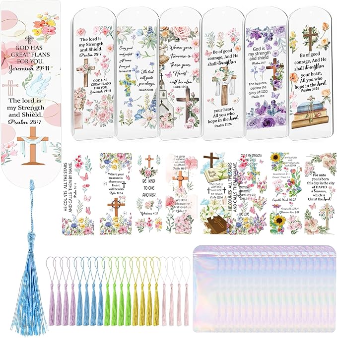Dazoratix Clear Acrylic Bookmarks Blanks - 60 Pcs Bible Verse Bookmark Making kit Christian Inspirational Scripture Accessories Floral Aesthetic Page Markers UV DTF Stickers for Women Men Kids Gift