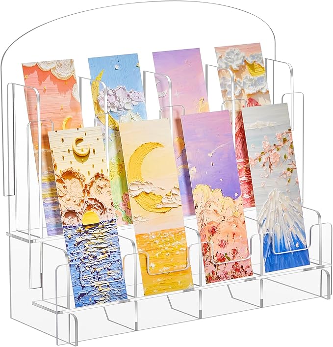 Yuntau Acrylic Bookmark Display, Adjustable 2. 2'' Bookmark Stand, Portable Sticker Holder, Curved Pockets Greeting Card Display for Business Vendor, Retail Store Shop(Detachable,8 Pockets)