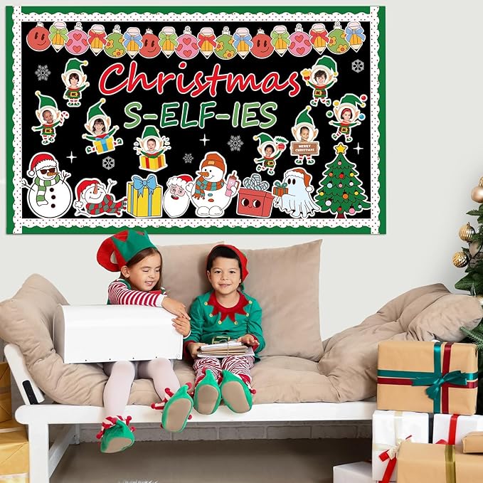 Christmas Elf Bulletin Board Decorations Set Xmas Elf DIY Photo Crafts for Kids Winter Snowman Xmas Ball Elf Cutouts for Classroom Wall Decor Holiday Festival Party Classroom Office School Wall Door