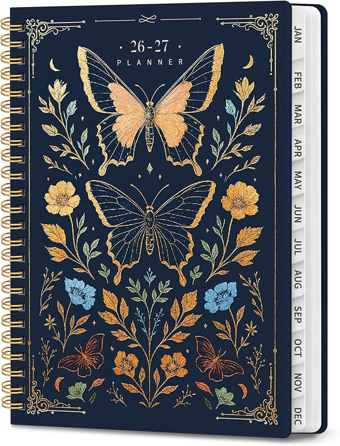 2026–2027 Academic Planner, Weekly and Monthly Planner for Women, July 2026 - June 2027, Pretty Hardcover 2026–2027 Academic Planner with Tabs, Inner Pocket, Spiral Bound, Perfect Office Home School Supplies - 6.3" x 8.5", Golden Butterfly