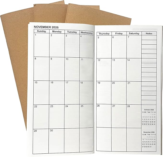 Travelers Notebook Inserts Jan 2026 - Jun 2027, Travelers Notebook Calendar, Weekly and Monthly Planner, Regular Size TN Journal, 8.3 x 4.25 inches, Set of 3