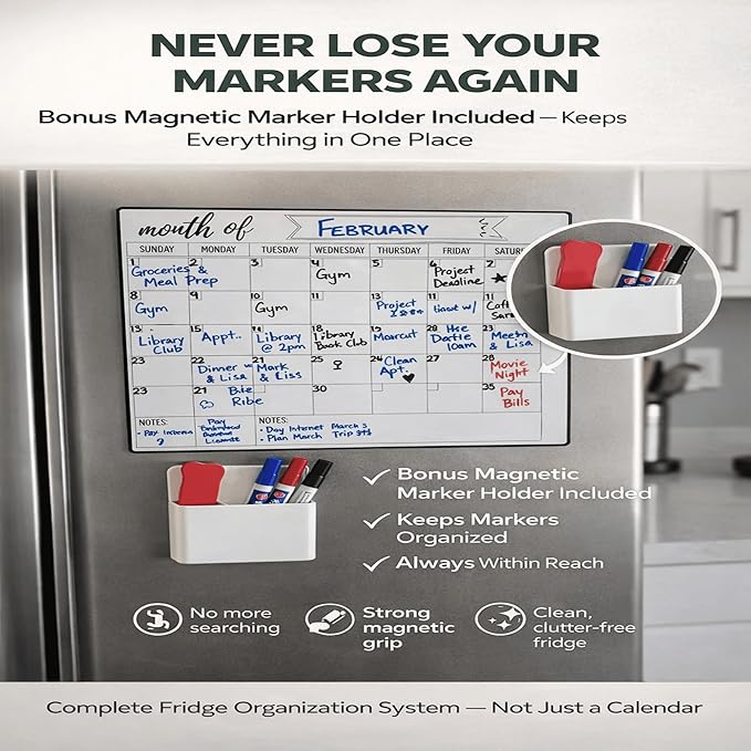 Magnetic Fridge Calendar 15” x 12” – Dry Erase Fridge Calendar with Full-Back Magnet, Monthly Refrigerator Planner Board with Magnetic Pen Holder, 6 Markers & Eraser, Reusable Kitchen Organizer