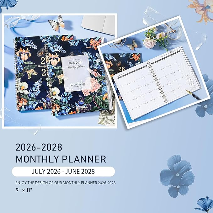 Monthly Planner/Calendar 2026-2028 - Monthly Calendar 2026-2028, July 2026 - June 2028, 9" x 11", 2 Years monthly Planner with Tabs, Contacts + Back Pocket + Twin-wire Binding - Floral