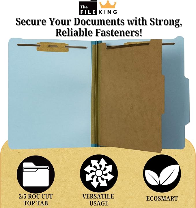 The File King One Divider Pale Blue Pressboard Classification File Folder - Letter Size | Box of 10 | Top Tab | 2” Expansion | Four 2-Inch Durable Fastener Prongs | USA Made