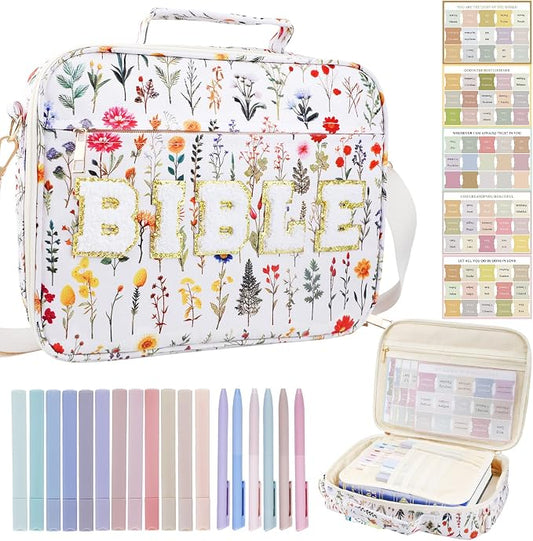 Large Bible Cover Case for Women, 12 x 9 x 2.5 Inch Letter Bible Bag with Shoulder Strap Carrying Bag with Tabs 6 Colored Pens 12 Highlighters, Back to School Study Supplies Christian Church Gifts