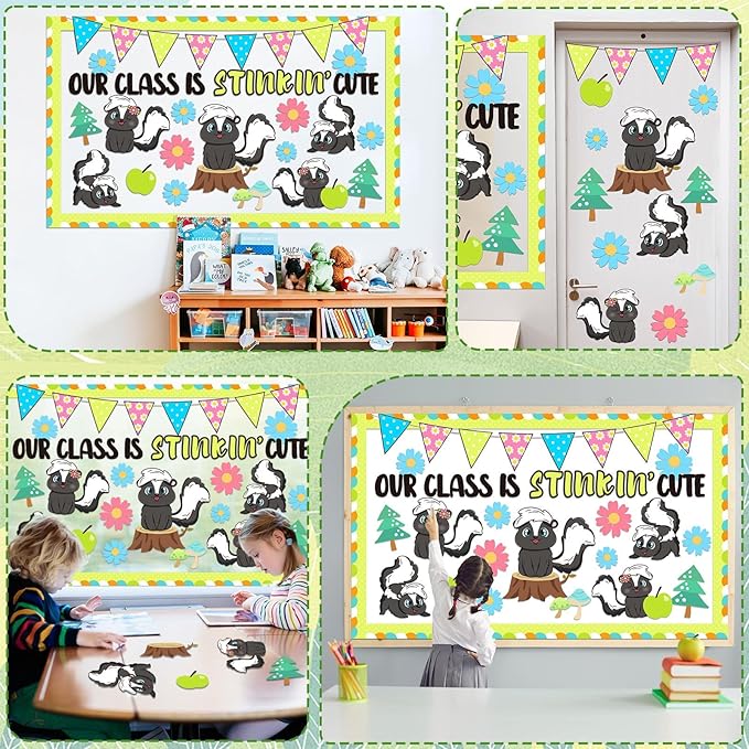 QOUBAI Skunk Bulletin Board Set Animal Themed Classroom Welcome Bulletin Board Decorations Woodland Forest Flower Cutouts Classroom Decoration for Back to School Office Home Chalkboard Decor Wall Door