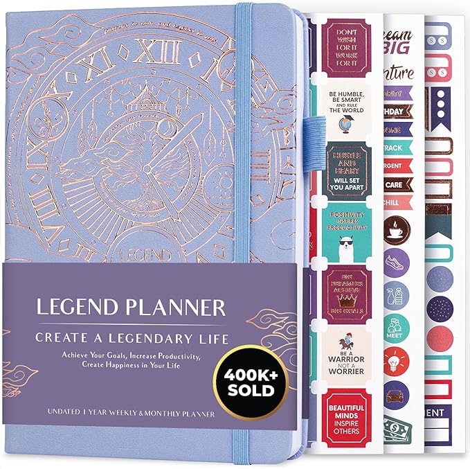 Legend Planner – Undated Weekly & Monthly Life Planner to Hit Your Goals & Live Happier, Organizer Notebook & Productivity Journal, A5 (Periwinkle, Gold)