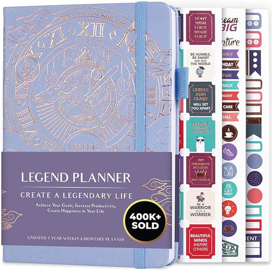 Legend Undated Weekly Planner – Goal Planner Journal & Organizer Notebook – Agenda Book with Monthly Calendar & To-Do List, A5 (Periwinkle, Gold)