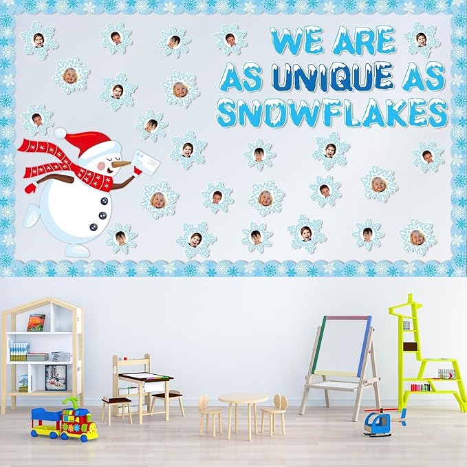 Winter Bulletin Board Decorations Snowflake Snowman Cutouts DIY Photo Craft We Are As Unique As Snowflakes Classroom Decor for Xmas Winter Season Christmas Holiday Home School Wall Door Party Supplies
