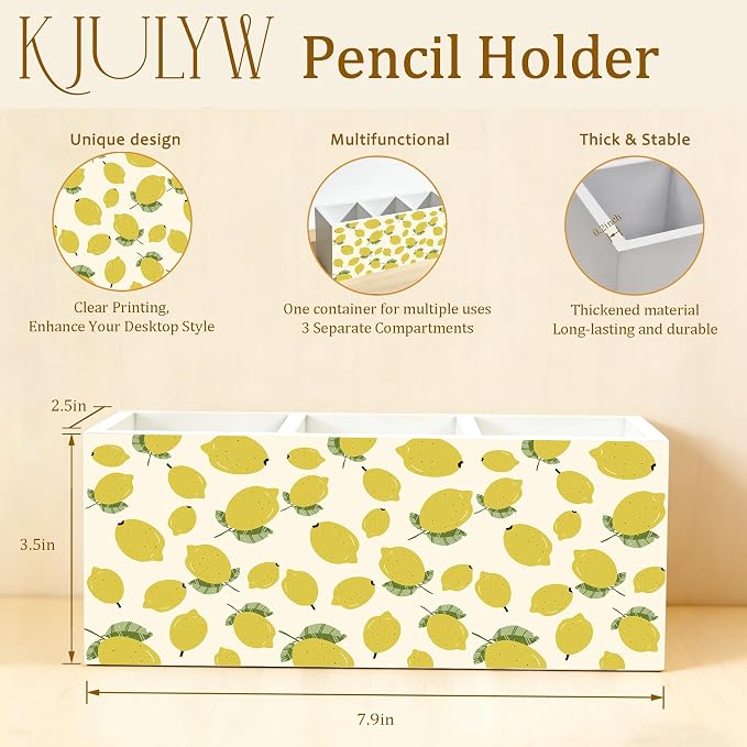 Lemon Pen Holder for Desk, Lemon Themed Gifts, Summer Yellow Fruit Wooden Box Pencil Pen Holder Organizer for Home Office Desk Accessories