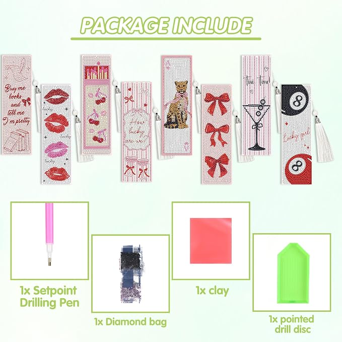 Y2K Coquette Diamond Art Bookmarks, 8 Pcs Pink Bow Leopard Diamond Painting Bookmark Kits for Adults Lucky 8 Ball Design, DIY Girly Aesthetic Book Marks with Tassels for Reading Lover Gifts