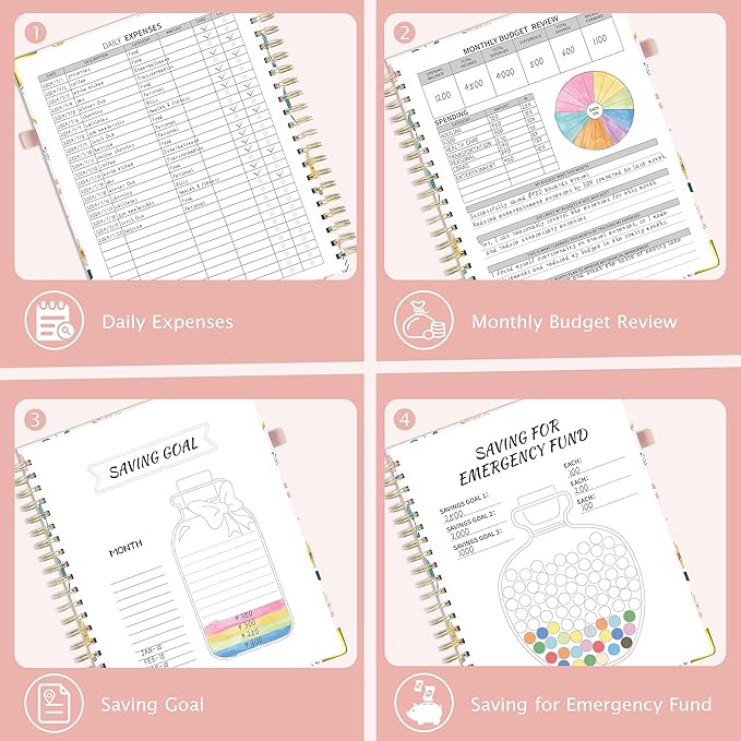 Ospelelf Budget Book Planner 8.5"x11" Large Size Undated Monthly Bill Payment Tracker Organizer Account Financial Planners with Clipboard Pockets Stickers 12 Months Productivity Aesthetic Pink Flowers