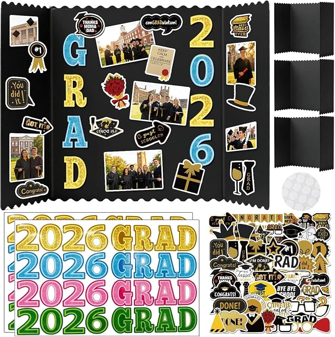 4 Set Graduation Photo Trifold Poster Board, Class of 2026 Graduation Picture Display Boards with Colorful Grad Stickers, Photo Display Board for Grad Party Multiple Pictures Table Decor, 24 x 16 Inch