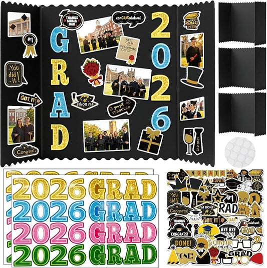 4 Set Graduation Photo Trifold Poster Board, Class of 2026 Graduation Picture Display Boards with Colorful Grad Stickers, Photo Display Board for Grad Party Multiple Pictures Table Decor, 24 x 16 Inch