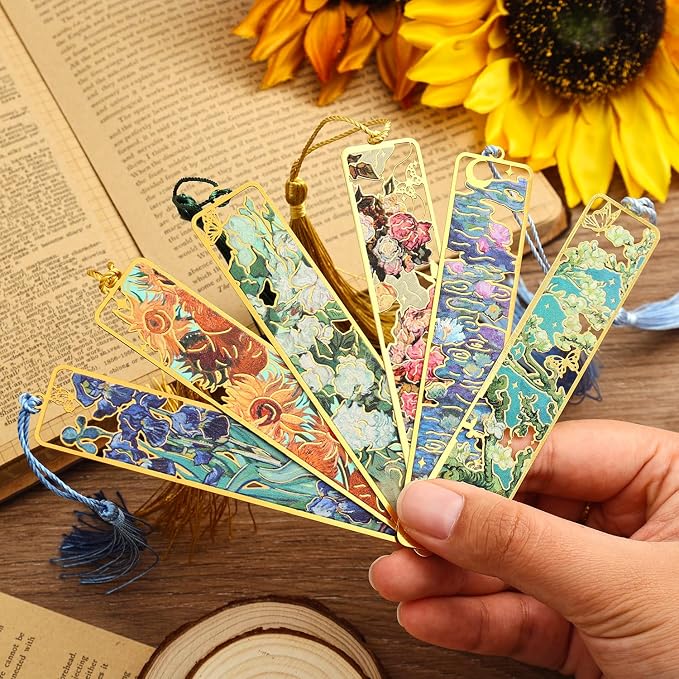 6 Pieces Metal Bookmarks with Tassel, Golden Hollow Bookmark Oil Painting Theme Book Mark Bookmarks for Book Lovers Writers Readers Children Teens Men Women Adults