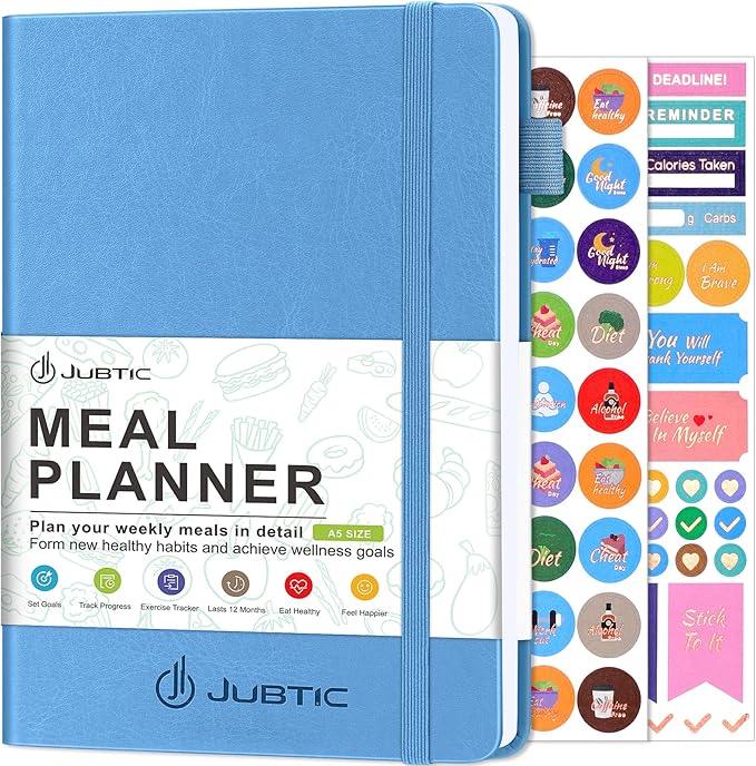 JUBTIC Weekly Meal Planner Notebook, Food Journal Daily Meal Prep Journal with Shopping and Grocery Lists for Food Planning Menu Planning Healthy Diet or Weight Loss Tracking, Undated, A5, Light Blue