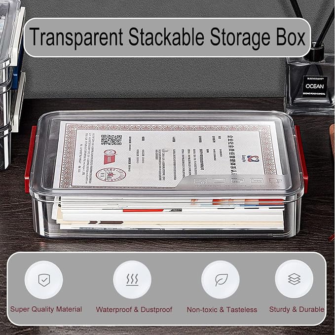 Clear File Storage Box with Lids, A4 Storage Box for 8"x11" Paper, Plastic A4 Container, Stackable Magazine File A4 Paper Project Case Bins, Desk Organizer Office Invoice Document