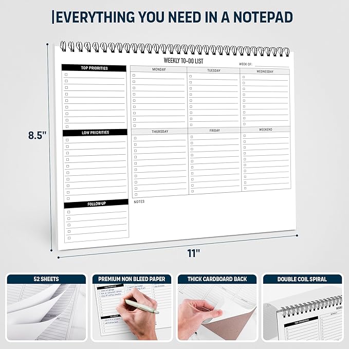 Weekly Planner To Do List Pad - 8.5x11" 52 Sheets Spiral - Desk Notepad with Multiple Sections - Undated Planning Notebook Checklist, Todo Agenda Plan