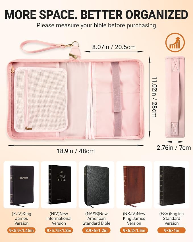 Bible Cover Case for Women, Large PU Leather Bible Bag with Multiple Pockets, Reinforced Handle and Wrist Strap, Zippered Organizer for Bible Study and Church, Gift for Her, Pink